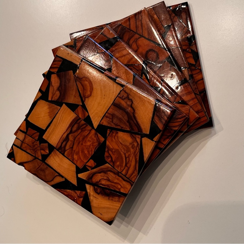 6 Vintage Touchwood Square Wood Coasters From Israel
